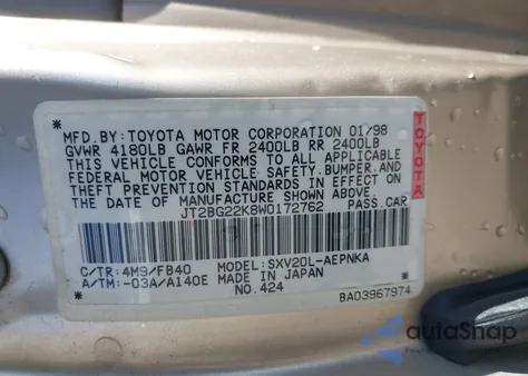 1998 Toyota Camry Le from USA, damaged, VIN JT2BG22K8W0172762